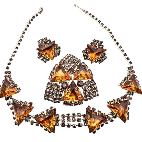 Stunning Vintage Rhinestone Set Glass Rhinestones Necklace Brooch Clip Earrings